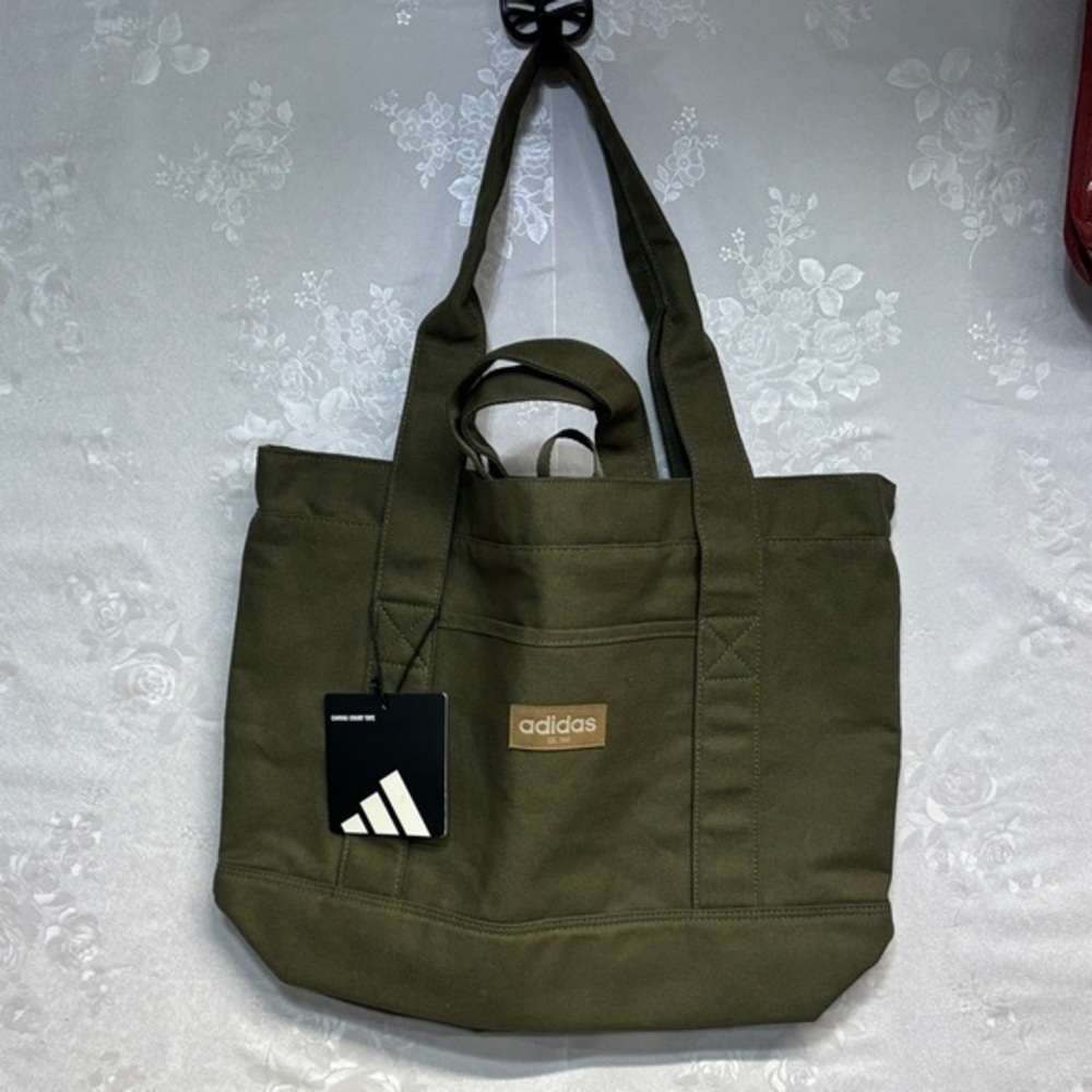 Adidas olive strata green 2 way carry 12oz cotton canvas court pockets tote bag